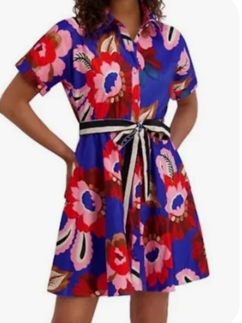 Kensie Royal Blue Multicolor Floral Shirt Dress with Waist Tie